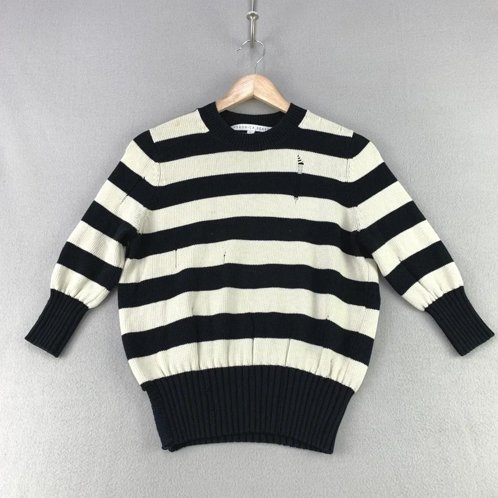 Veronica Beard Sweater Women S Black White Striped Distressed Cotton Knit
